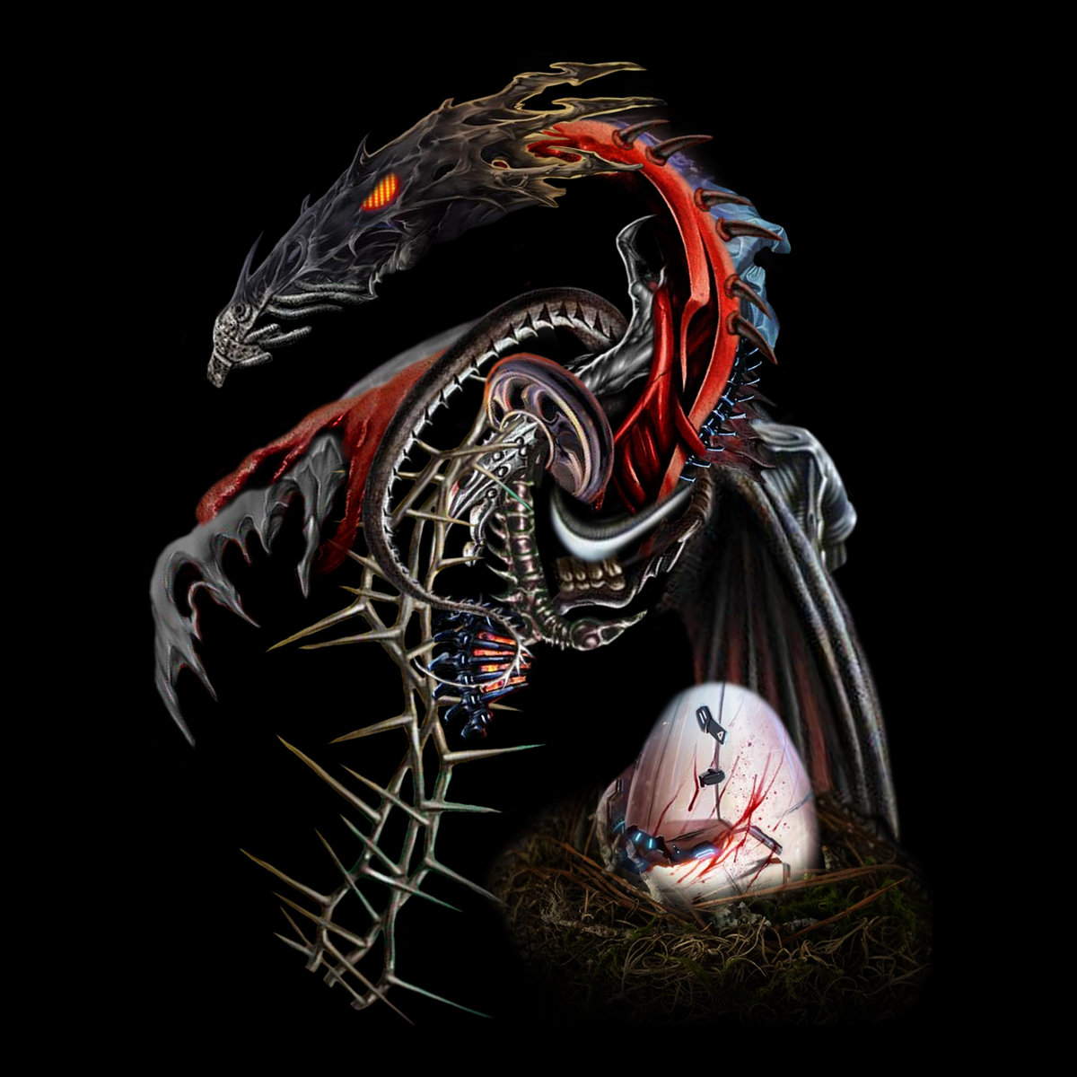 album artwork for 'Delete Time' by Seaclones. a red dragon made of thorns and car tires protects a bloody egg in a nest. Sam Lubicz created the artwork.